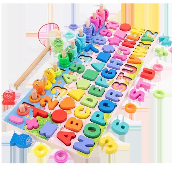 Puzzle Montessori bois – alphabet, chiffres & pêche magnétique