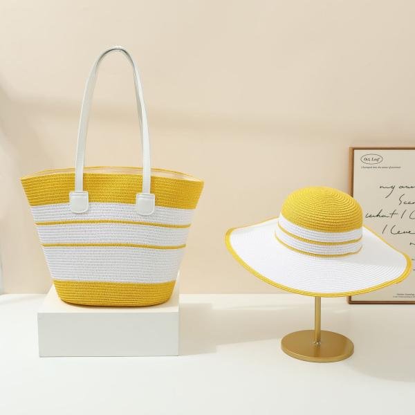 Ensemble sac & chapeau de plage femme – paille, anti-UV, grande capacité